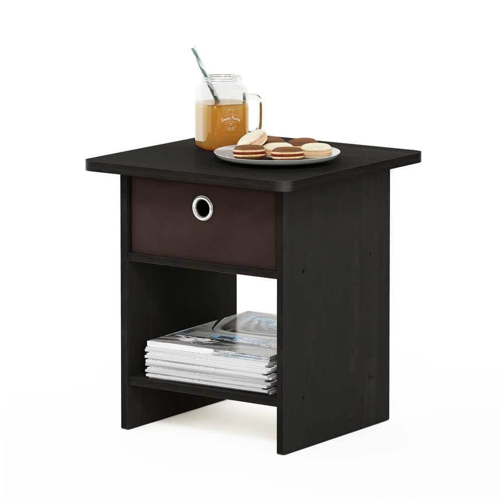 Furinno 10004 End Table / Nightstand Storage Shelf with Bin Drawer, Dark Espresso/Brown