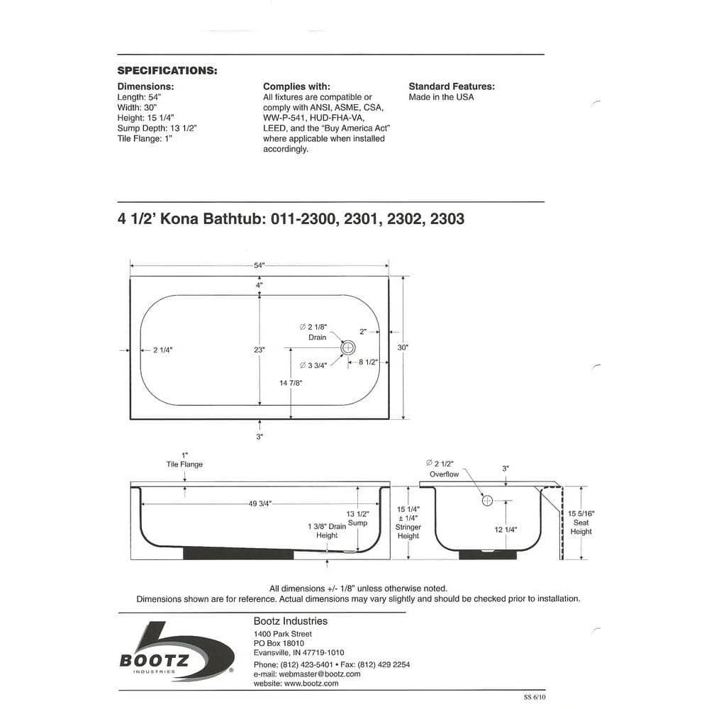 Kona 54'' x 30'' Alcove / Tile In Soaking Porcelain Bathtub