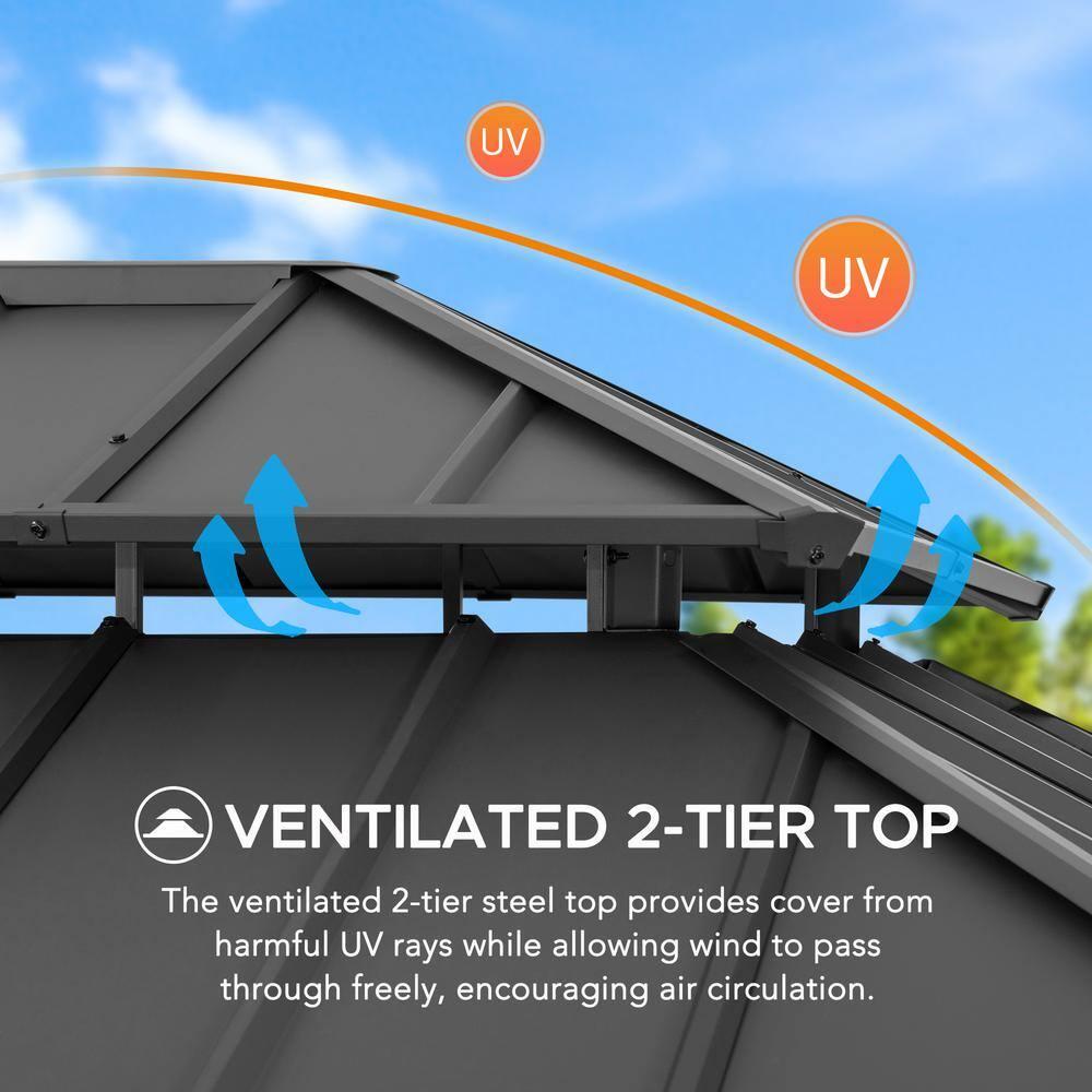 Sunjoy Sunjoy 12x20 ft. Wood Gazebo, Outdoor Patio Steel Hardtop Gazebo with 2-tier Metal Roof, Suitable for Patios, Lawn and Backyard, Matte Black Roof