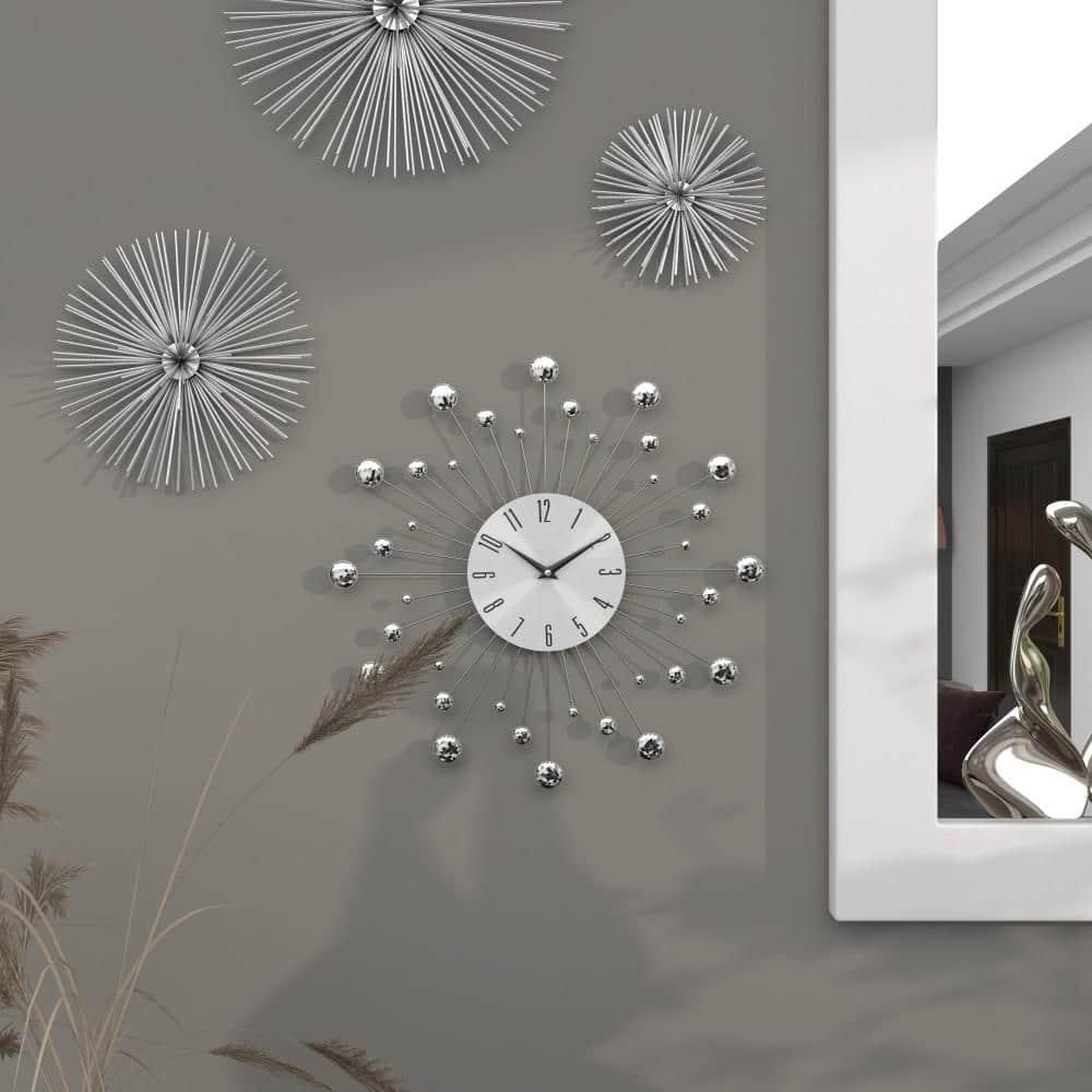 DecMode 15" Silver Metal Starburst Wall Clock with Crystal Accents