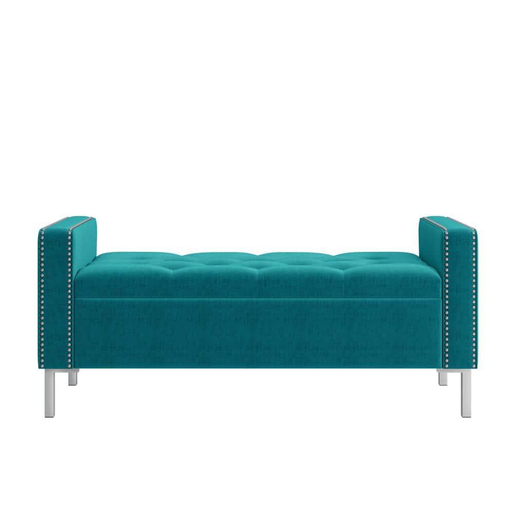 Homesvale Cashman 52"W x 22.5" H Storage Bench Ottoman with Square Arms for Living Room, Bedroom, Entryway, Turquoise Blue Velvet