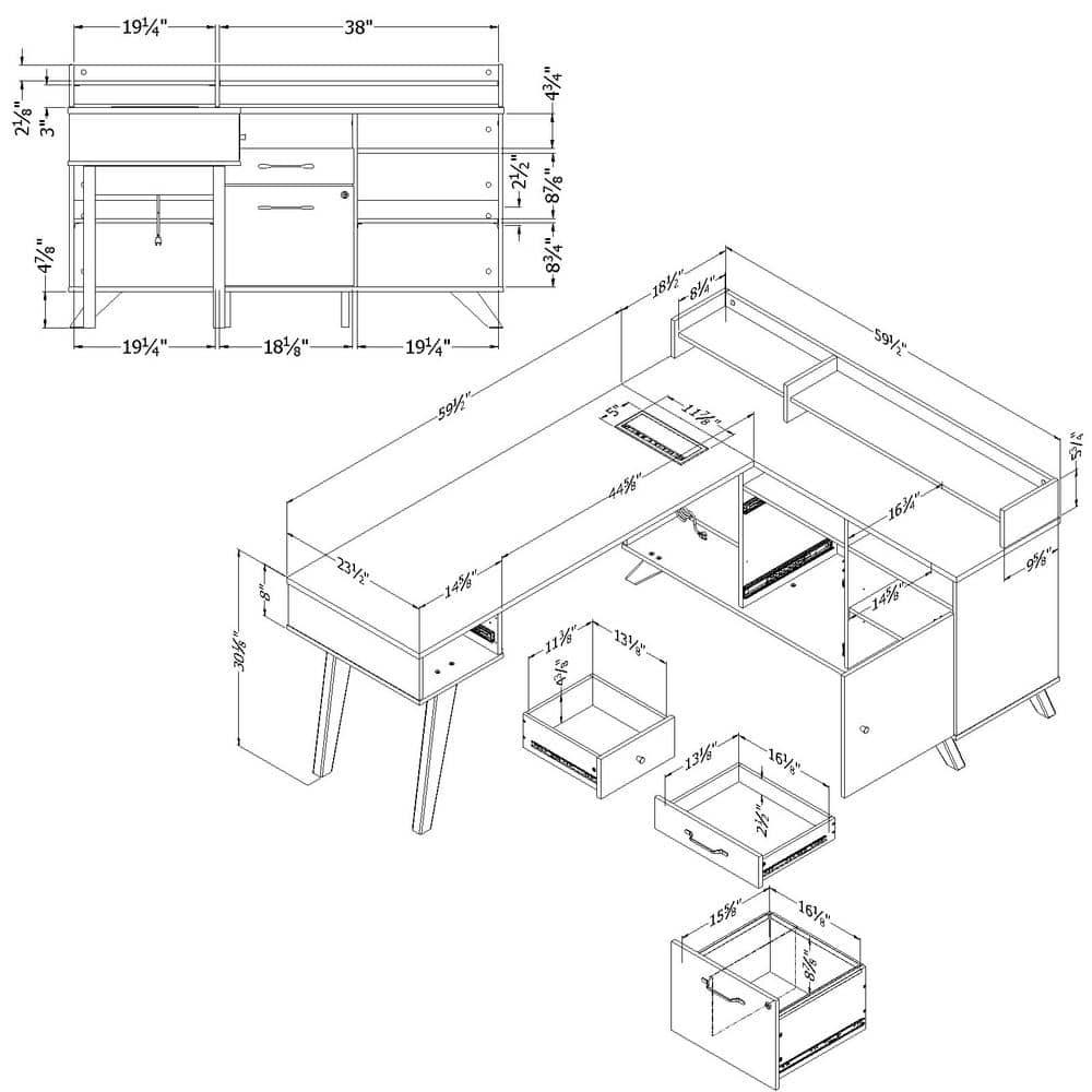 Kauan Helsy L-Shaped Desk with Power Bar and Removable Hutch Natural Walnut