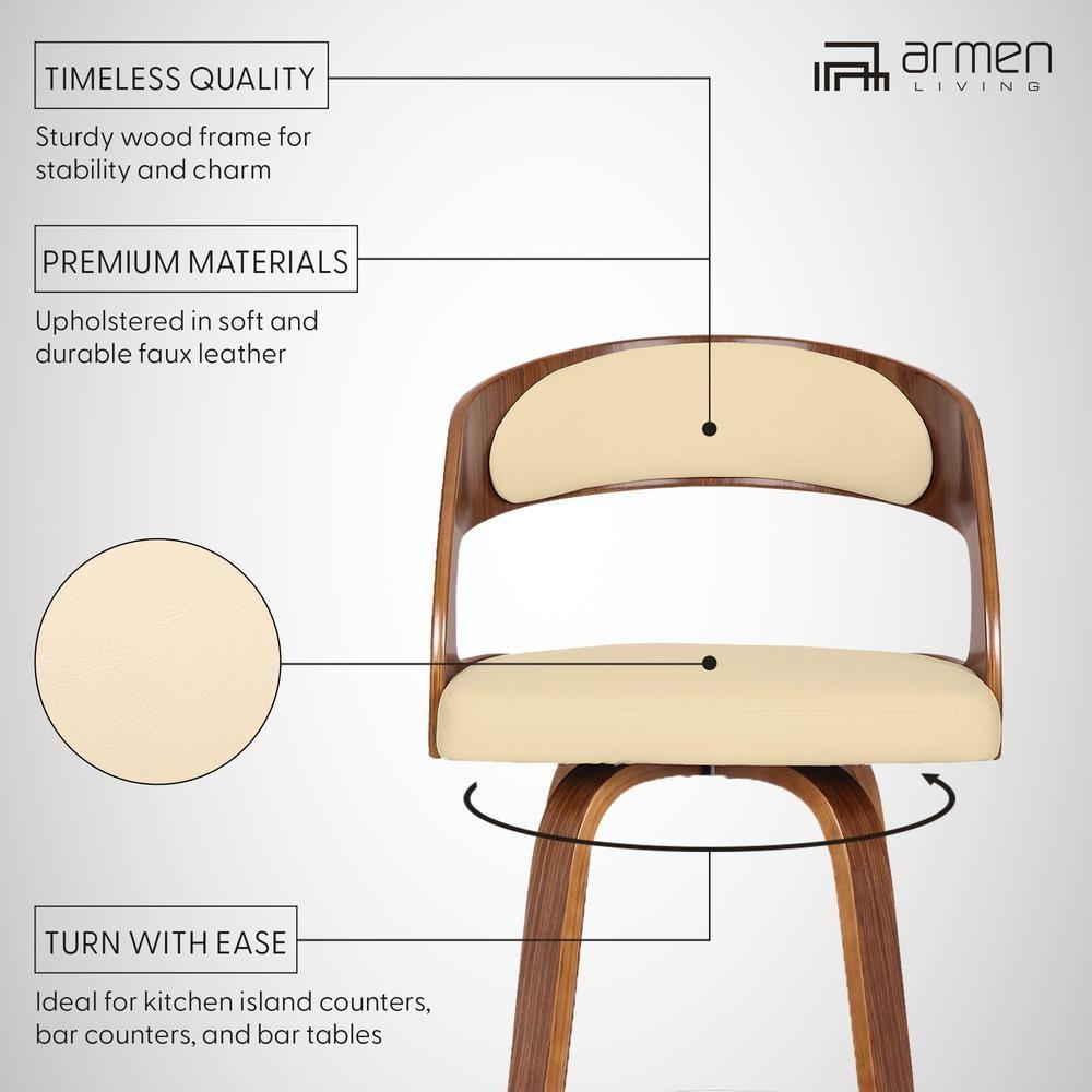 30" Shelly Contemporary Swivel Barstool Walnut/Cream - Armen Living: Eames Inspired, Chrome Footrest
