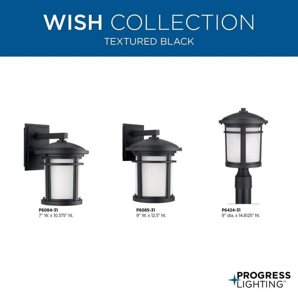 Progress Lighting Wish 1-Light Outdoor Black Wall Lantern with Etched Umber Linen Glass and Dark Sky Shield