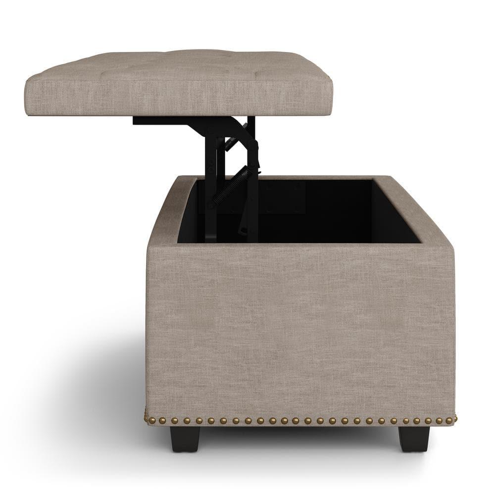 Simpli Home Hamilton 44"W Upholstered Lift-Top Storage Ottoman with Nailhead Trim and Tufted Detailing