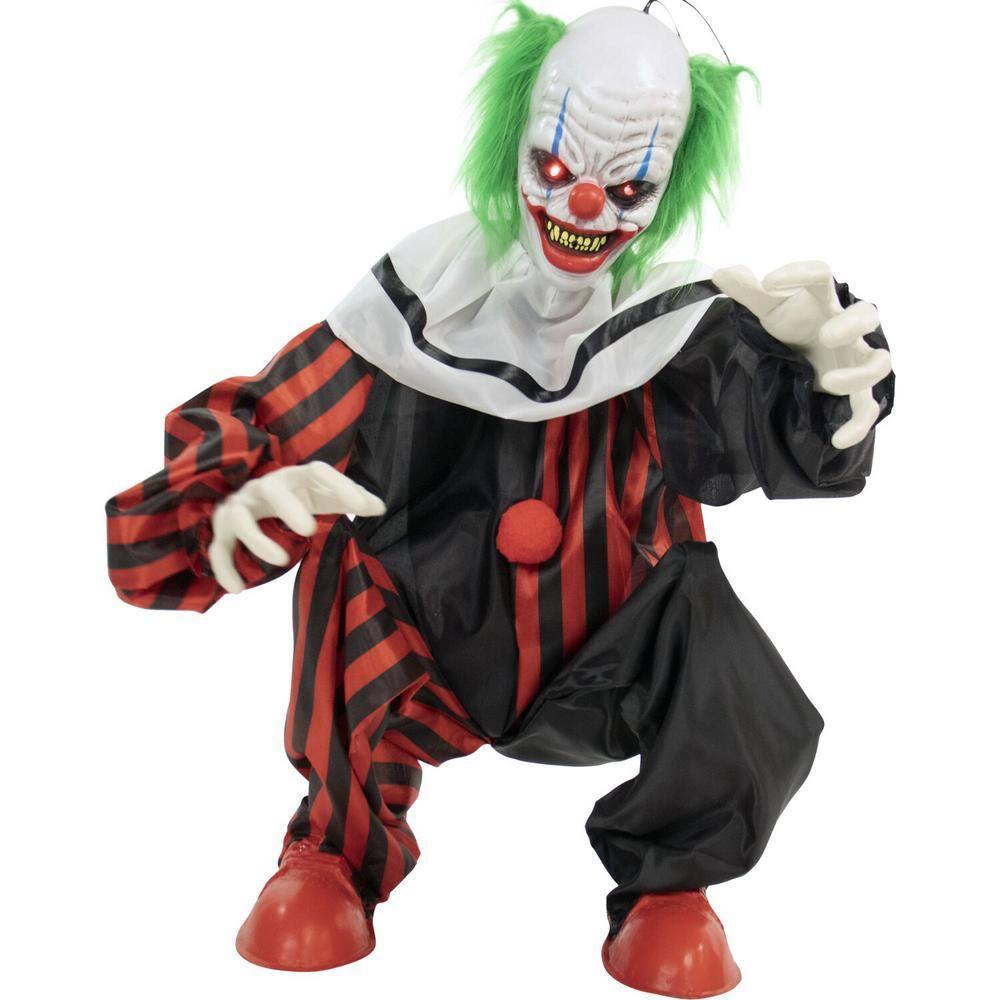Haunted Hill Farm 32 In. Crouching Clown Creepy Animatronic with Lights and Sound, HHCLOWN-12FLSA