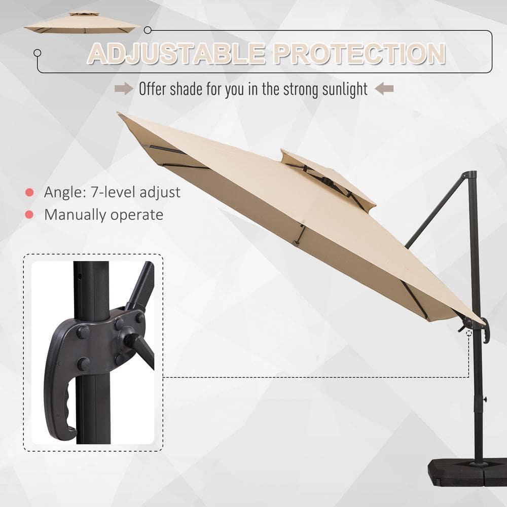 Outsunny 10ft Offset Patio Umbrella with Base, Double Top Hanging Aluminum Cantilever Umbrella with 360-degree Rotation, Easy Tilt, 8 Ribs, Crank, Cross Base, Cover, Strap