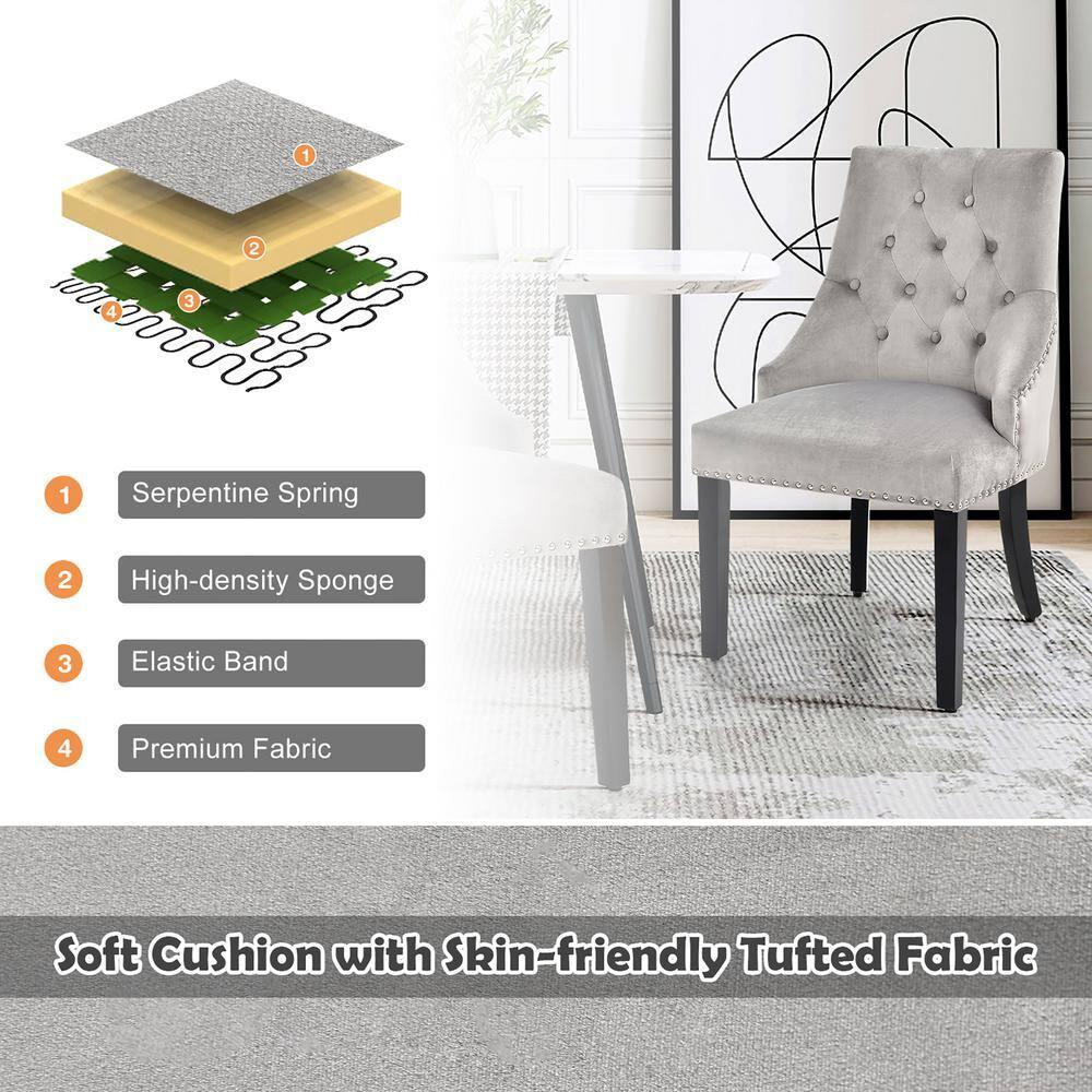 Velvet Dining Chair Upholstered Tufted Armless w/ Nailed Trim & Ring Pull Grey