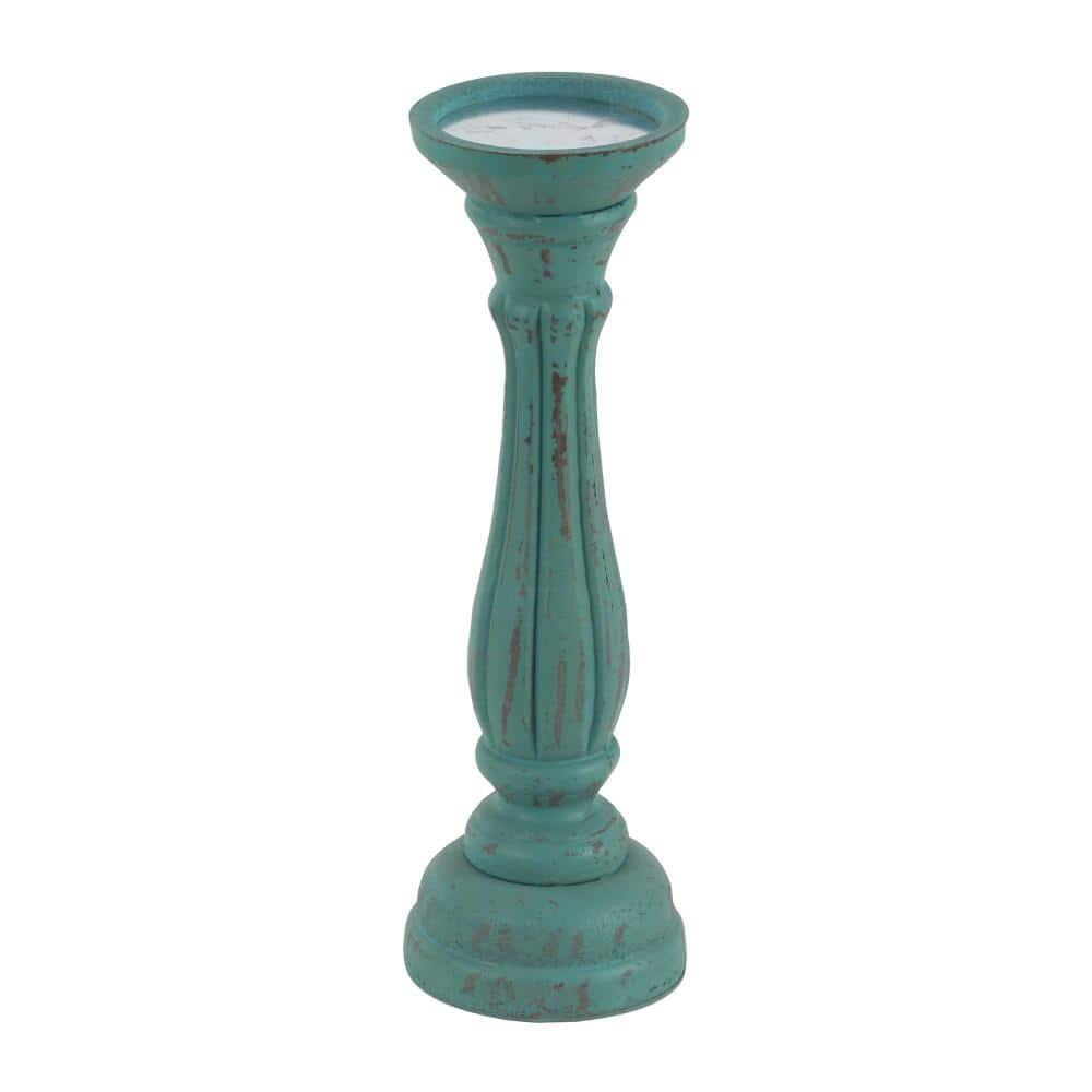 DecMode 3 Candle Blue Wooden Distressed Turned Pillar Candle Holder, Set of 3