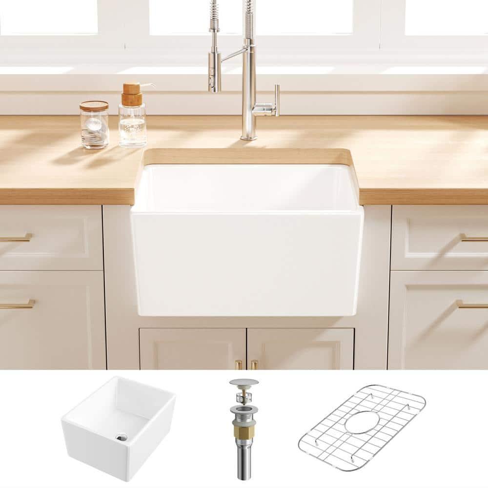 Denbigh 21" L x 16" W Farmhouse Apron-Front Kitchen Sink with Sink Grid and Pop-Up Drain, Laundry Sink