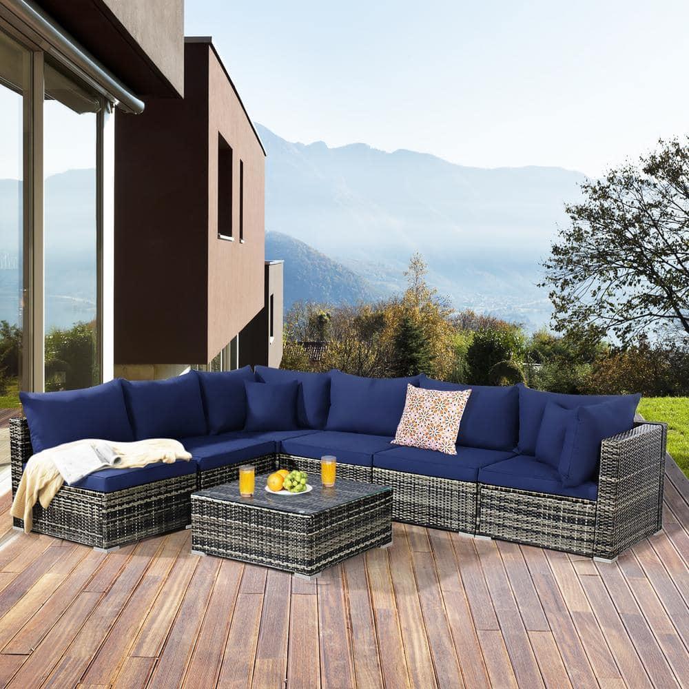 Costway 7PCS Patio Rattan Furniture Set Sectional Sofa Cushioned Garden Navy