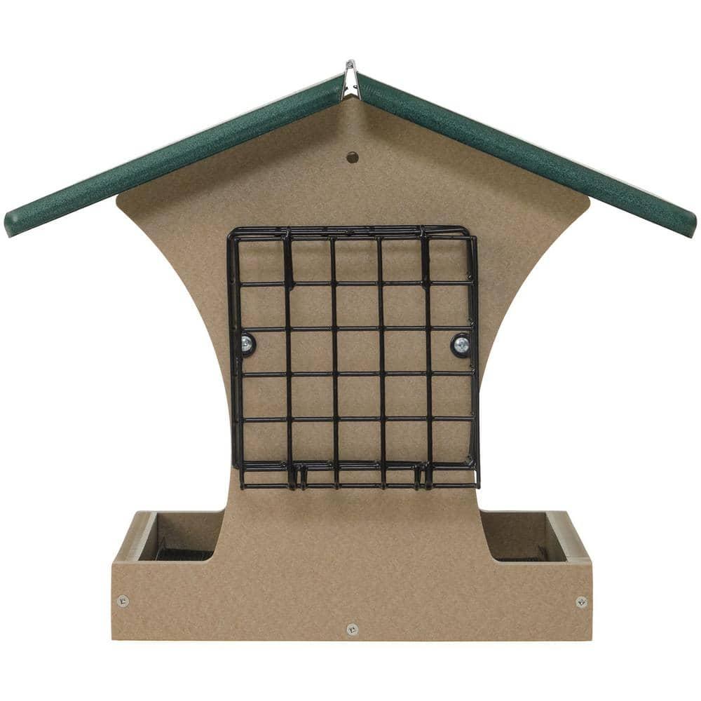 Large Green and Taupe Recycled Plastic Hopper Feeder with Suet Cages