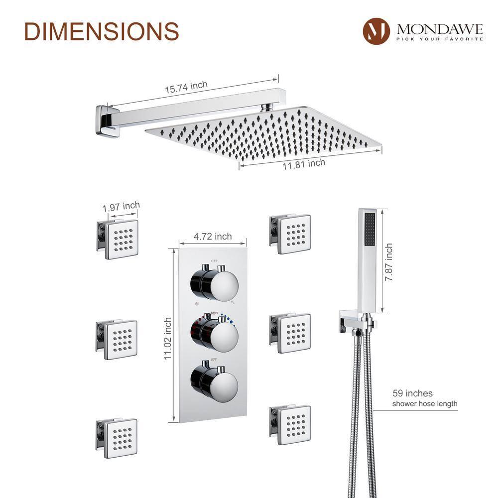 3-Function LED Light Thermostatic Rainfall Shower System with 6 Body Jets and Rough-in Valve