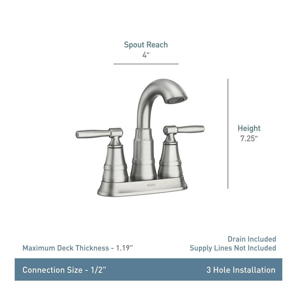 Moen Halle 4 in. Centerset 2-Handle Bathroom Faucet in Spot Resist Brushed Nickel with Spring-Loaded Drain Assembly