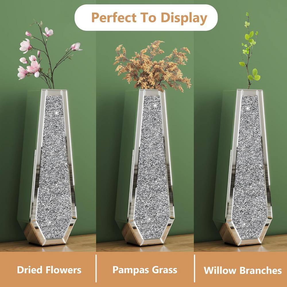 30" Tall Silver Glass Floor Vase with Crushed Diamond Mirror