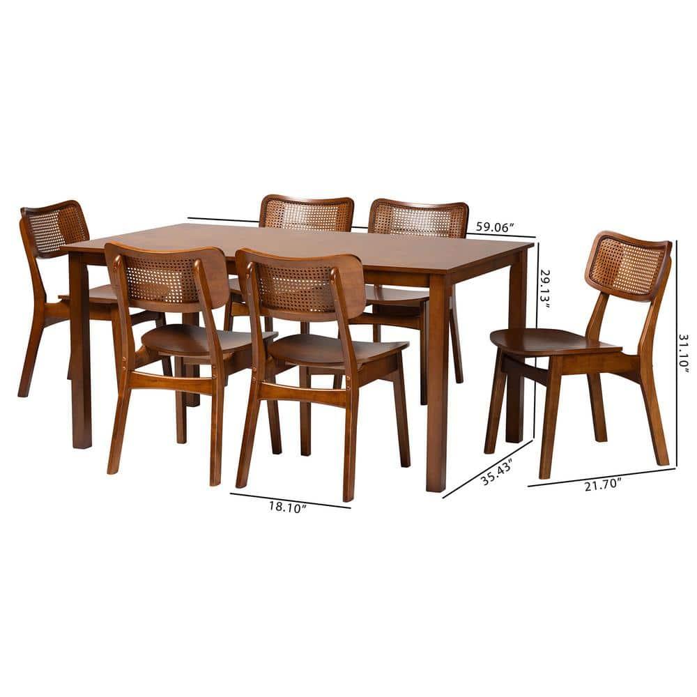 Baxton Studio Estera Mid-Century Modern Walnut Brown Finished Wood and Rattan 7-Piece Dining Set