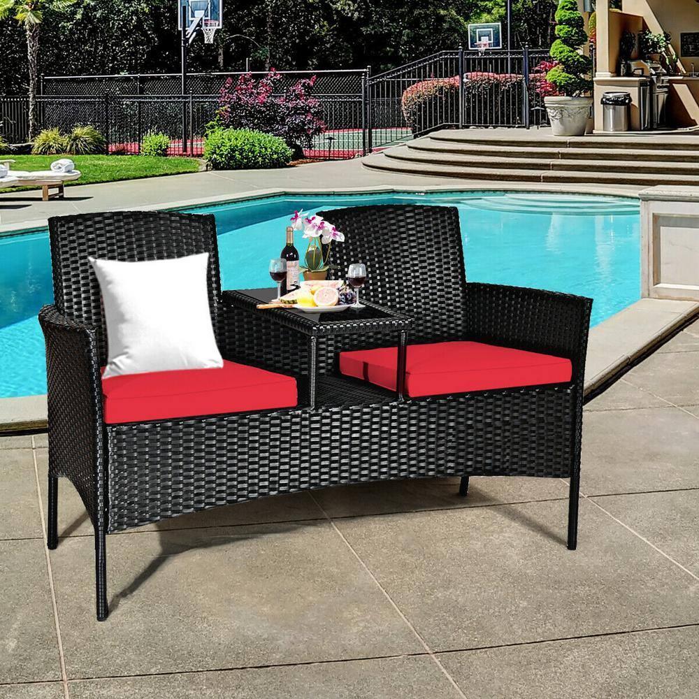 Tangkula Outdoor Rattan Furniture Wicker Patio Conversation Chair W/Cushion Red