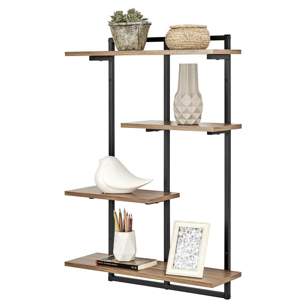 Danya B. 34.5" x 23.6" Rhodes 4 Tier Modern Floating Windowsill Wall Shelf Unit Black/Light Walnut: MDF & Iron, Open Design