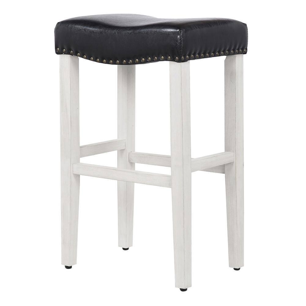 Polytrends Jameson Upholstered Polyester 29" Bar Stool - Saddle Seat/ White Legs Antique White/Black
