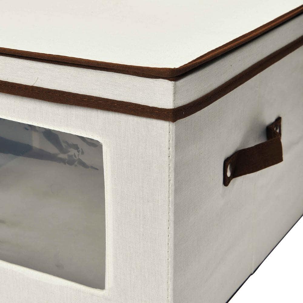 Large Serveware Storage Box, Polyester Canvas with Fiberboard Sides, 3 Protective Pouches, Fully Removable Lid, Natural with Brown Trim