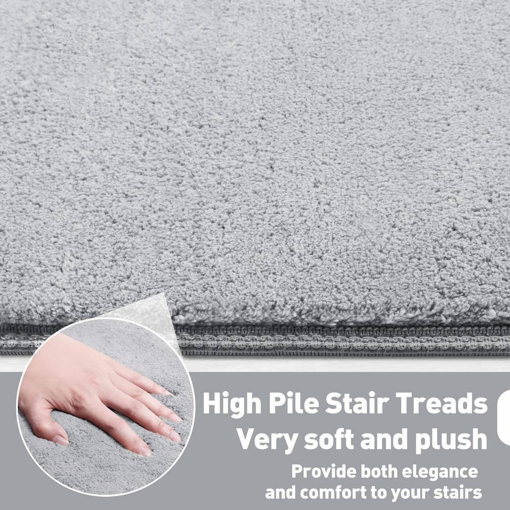 PURE ERA Bullnose Soft Plush Carpet Stair Treads Wooden Steps Rugs Self Adhesive Non-slip 9.5" x 30"x1.2" (Set of 7, Gray)