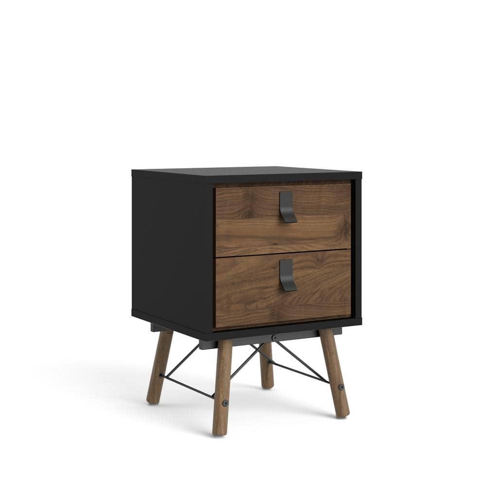 Tvilum Ry 2 Drawer Bedroom Nightstand for Adults, Black Matte/Walnut