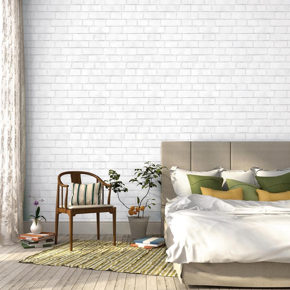 Tempaper Textured Faux Brick White Peel and Stick Wallpaper, 20.5" x 16.5'