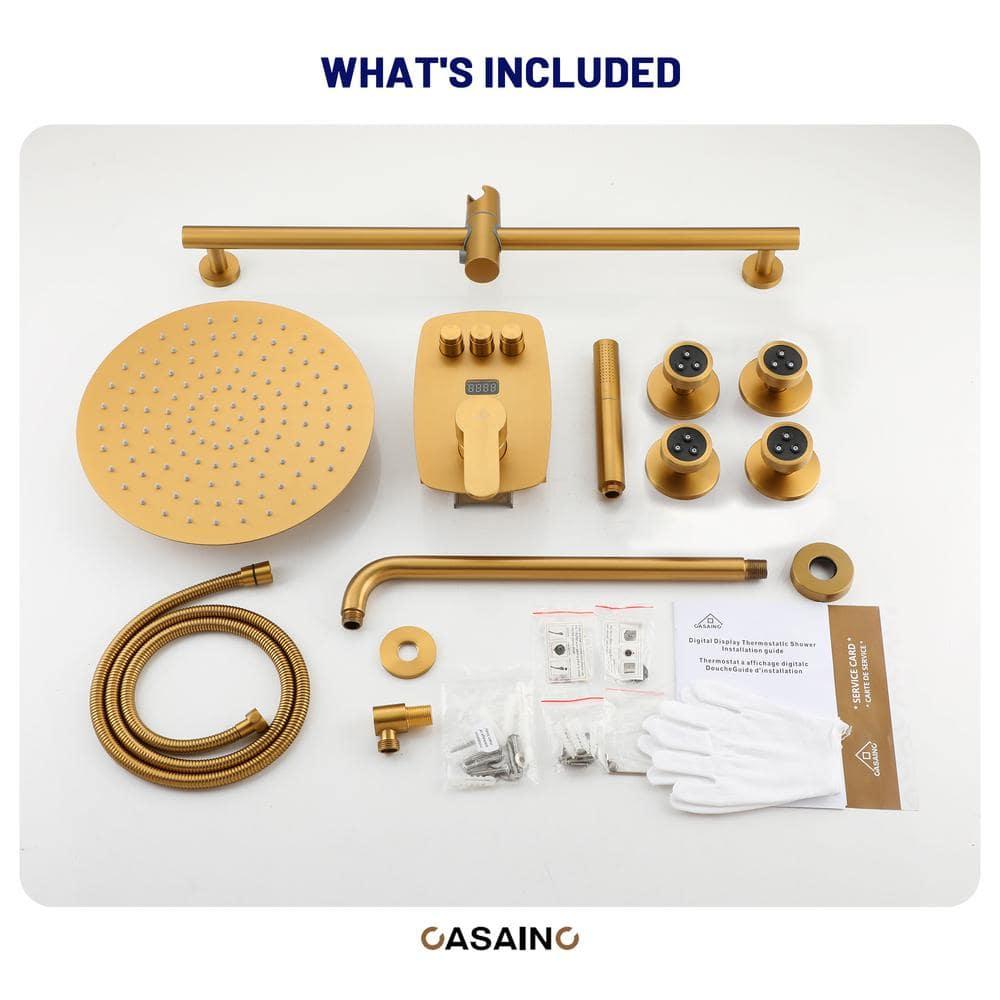 3-Function 12 Inch Temperature Digital Display Shower System With 2-Setting Slider Bar Handheld And 4Pcs Body Jets