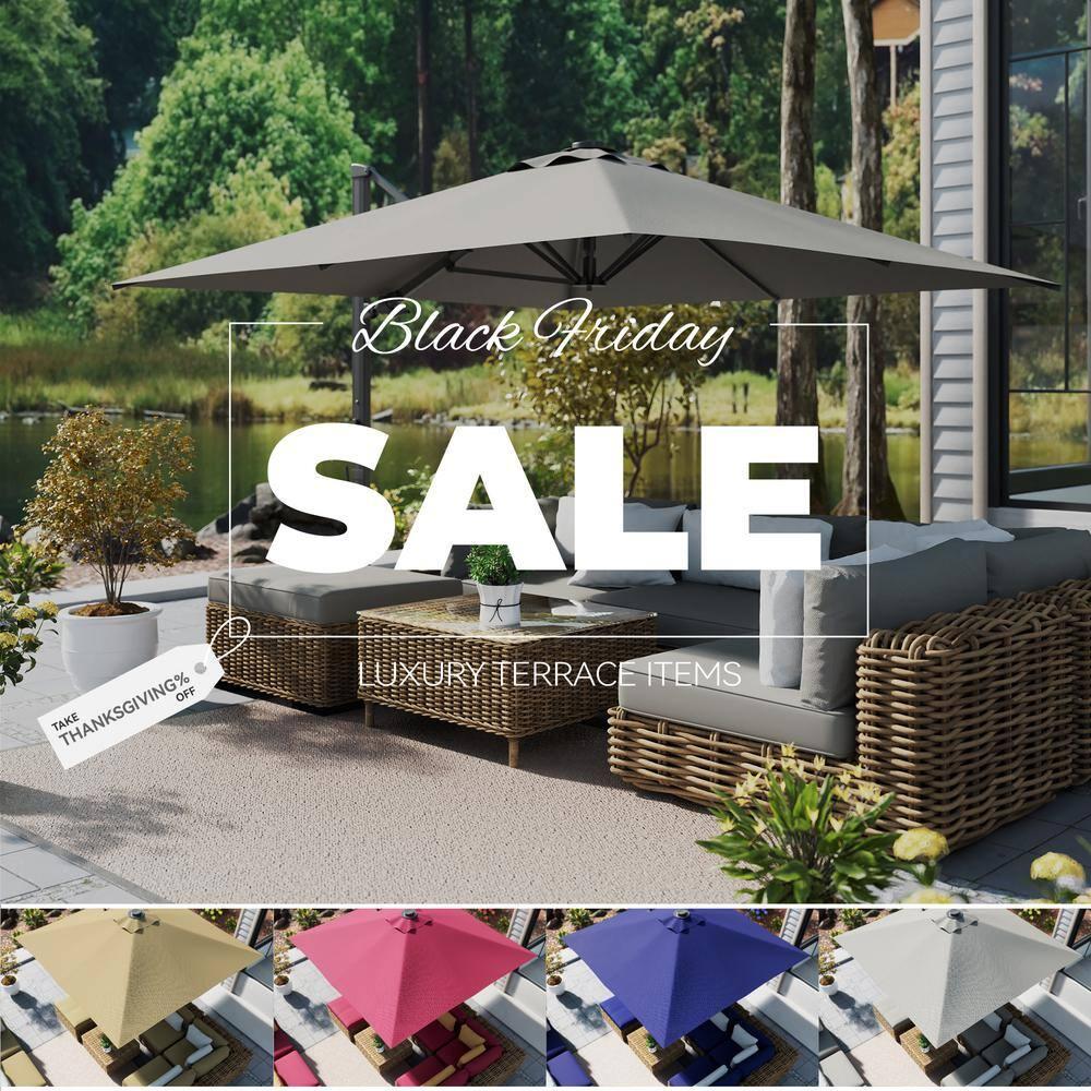 10ft Square Solar LED Cantilever Patio Umbrella with Bluetooth Light for Outdoor Shade Grey with base B