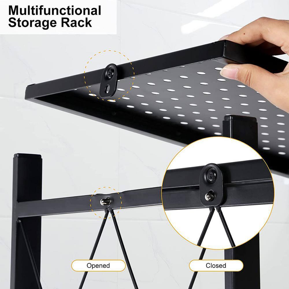 5-Tier Black Metal Kitchen Shelf Foldable Storage Rack with WheelsMultifunctional Cart