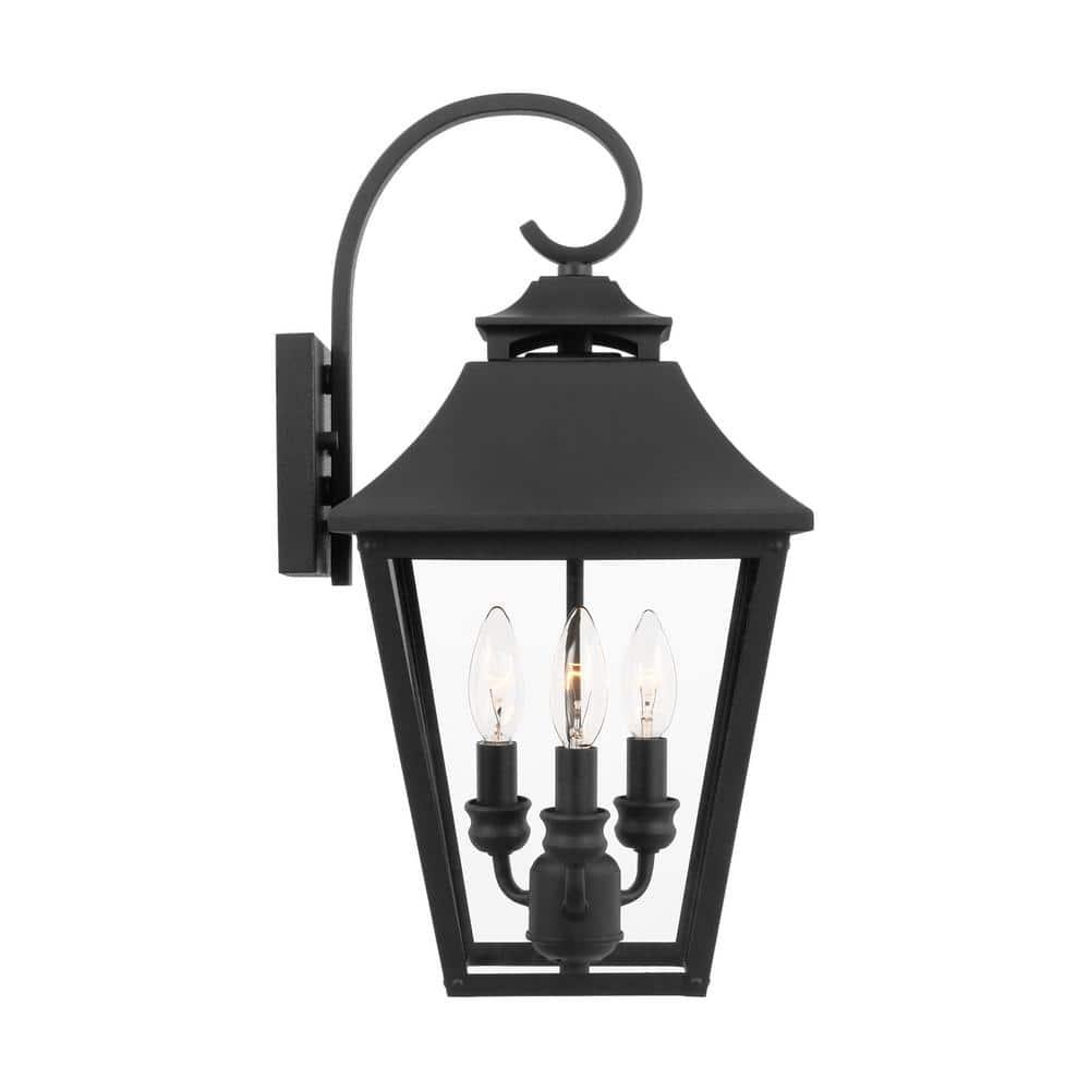 Textured Black 3-Light Outdoor Wall Lantern with Clear Seeded Glass