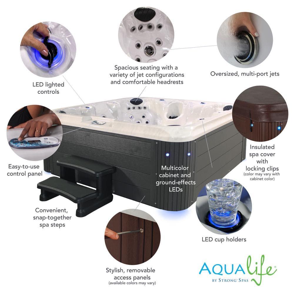 Aqualife® by Strong Spas® Grand Banks 6-Person 81-Jet Non-Lounger Hot Tub Spa with 3 Pumps, LED Lighting, Stainless Steel Heater and Ozonator, Insulated Cover Included and Steps Included