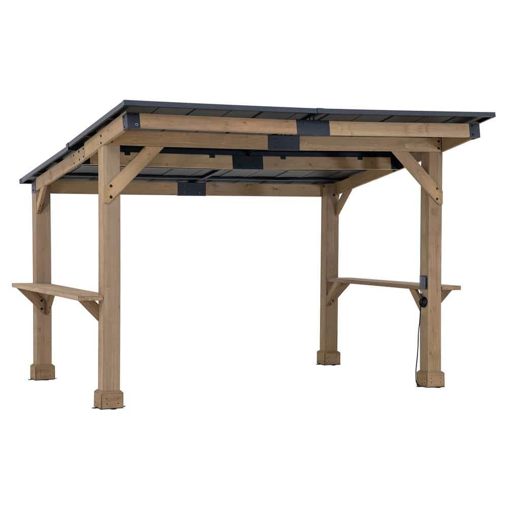Sunjoy Sunjoy Wooden Grill Gazebo 10 ft. x 12 ft. Outdoor Cedar Frame BBQ Gazebo, Backyard Hot Tub Gazebo with Metal Hardtop Roof, Exclusive PowerPort and Bar Shelves