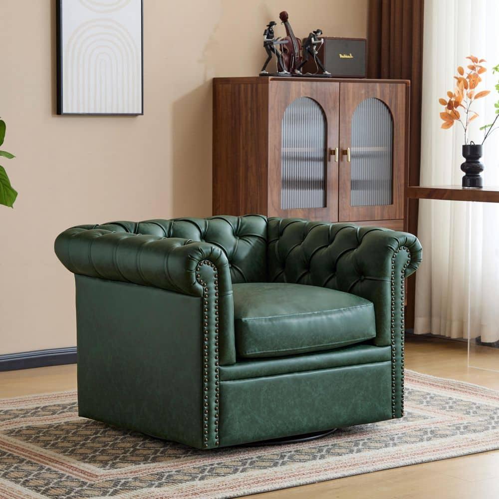 Christopher Knight Home Andrew Upholstered Button Tufted Swivel Club Chair with Roll Arms, Dark Green