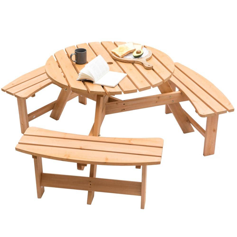 Gardenised Wooden Outdoor Round Picnic Table with Bench for Patio, 6- Person with Umbrella Hole - Stained
