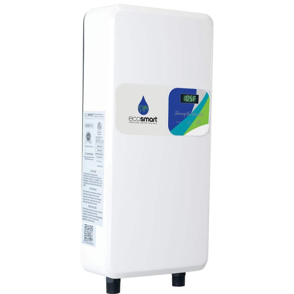 EcoSmart ECOS 12, Tankless Electric Water Heater, 12 kW, 240 Volt, Up to 2.9 GPM, 50 AMPS, Saves Space, Endless Hot Water, Digital Display, Warranty