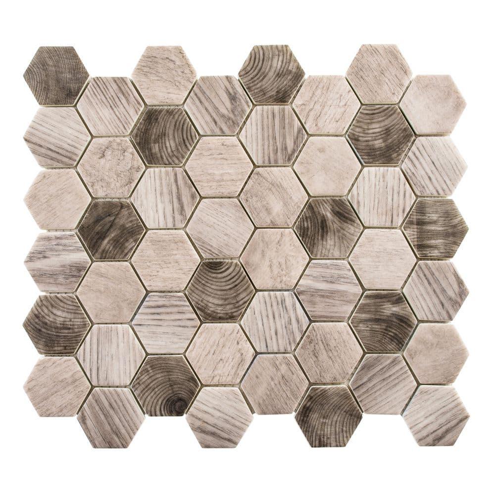 SAMPLE-Terrain Oslos Brown 2-in. Honeycomb Wood Look Matte Glass Mosaic Wall & Floor Tile