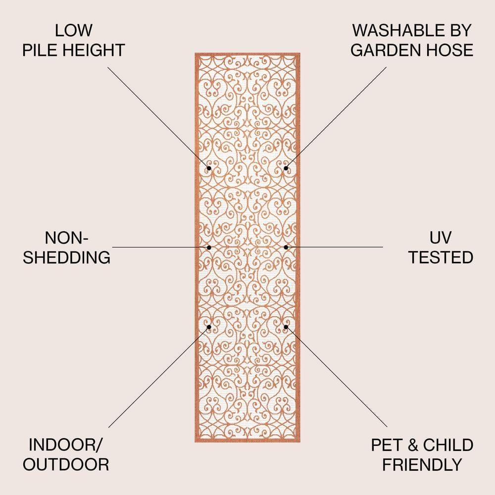 2' x 10' Madrid Vintage Filigree Textured Weave Indoor/Outdoor Runner Rug, Cream/Orange - JONATHAN Y