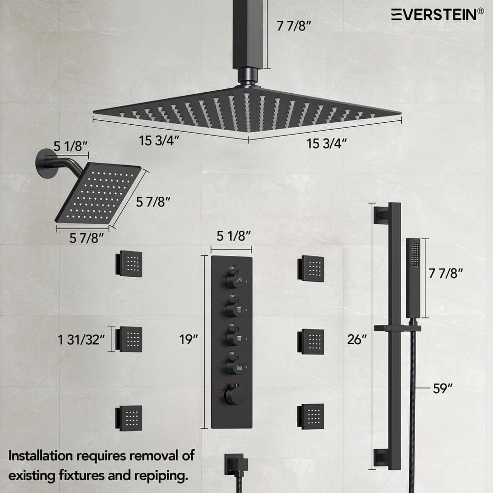 DualJetSpa 15-Spray Patterns 16" & 6" Dual Shower Head, Shower FaucetSystem with Thermostatic Rough-in Valve and Body Jets