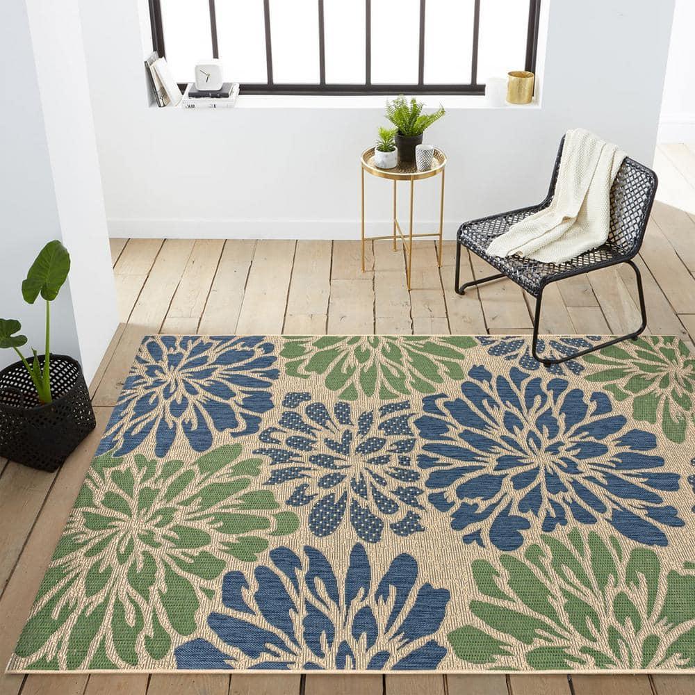 9' X 12' Zinnia Modern Floral Textured Weave Indoor/Outdoor Area Rug, Navy/Green - JONATHAN Y