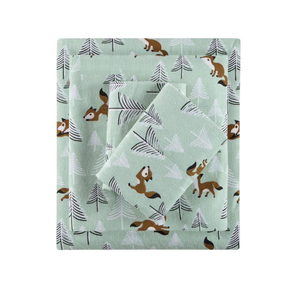 Intelligent Design Cozy Soft 4-Piece Full Cotton Flannel Printed Sheet Set, Seafoam Foxes