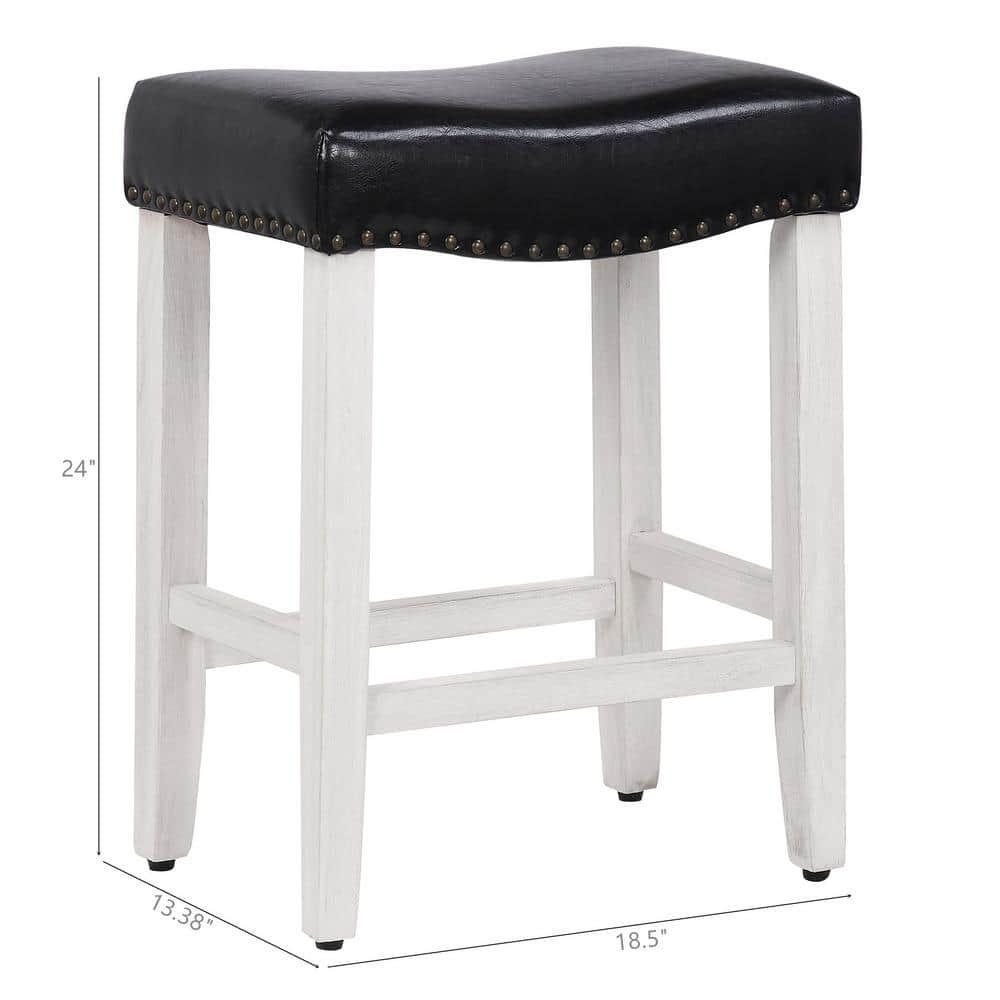 GRANDVILLA 24" Upholstered Bar Stool with Nail Head Trim, Antique White/Leather