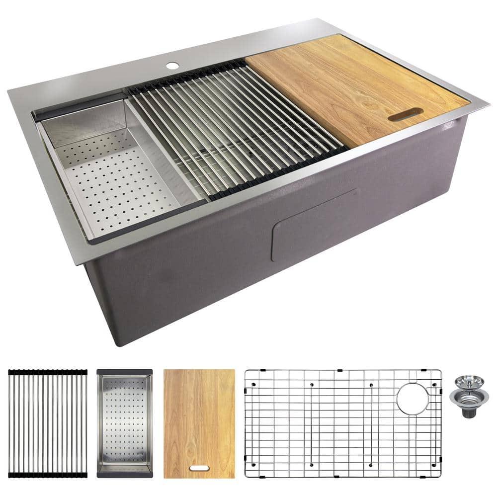 Transolid 32-in X 22-in 18-Gauge Drop-in Stainless Steel Kitchen Workstation Sink