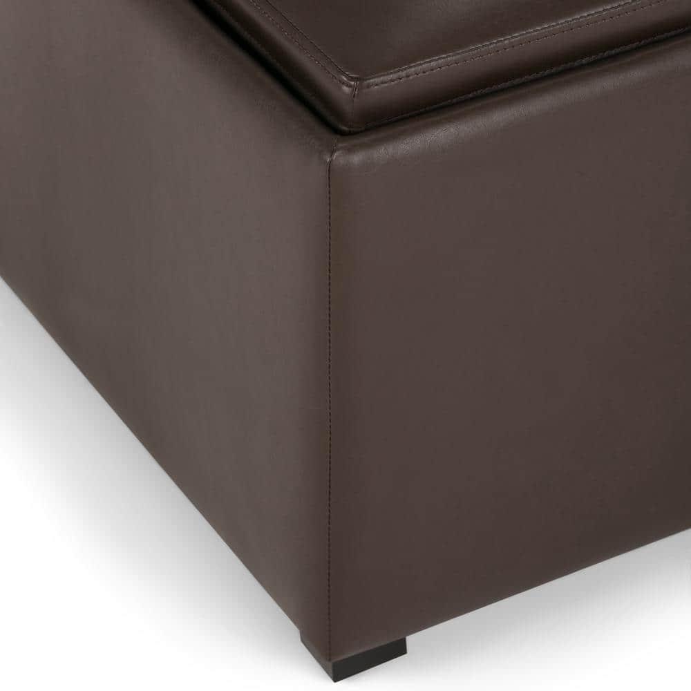 Simpli Home Avalon 35"W Upholstered Square Coffee Table Storage Ottoman with Flip-Over Trays