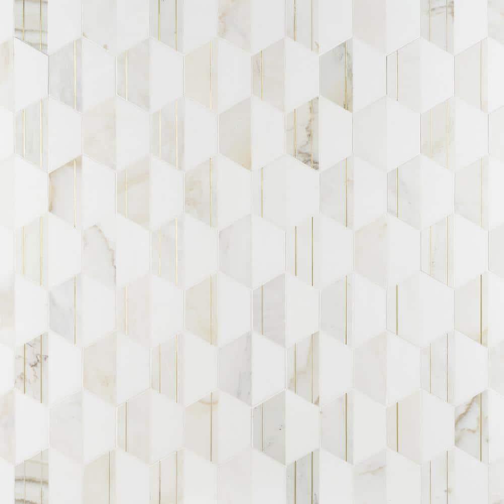 Meld 10.43" x 12.04" Marble and Brass Mosaic Hexagon Tile (0.87 Sq. Ft. / Sheet)
