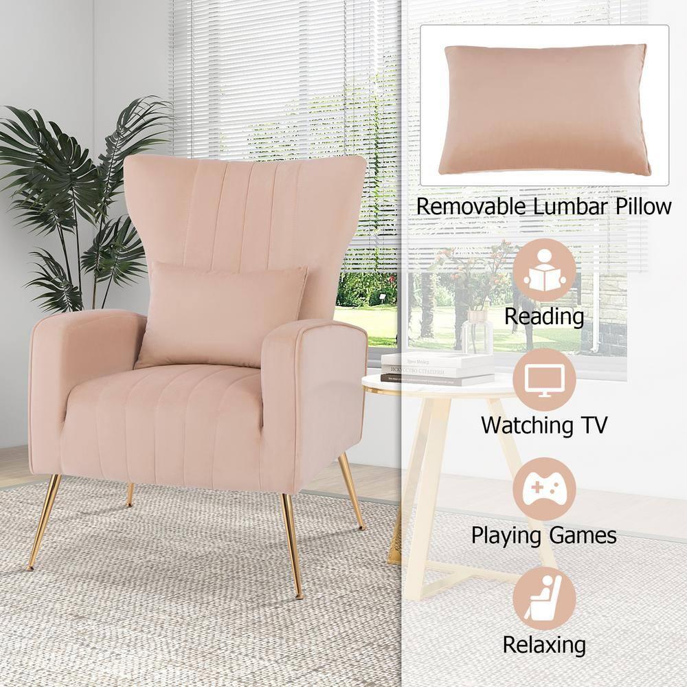 Kepooman Accent Chair, Modern Sofa Chair, Wingback Club Chairs,Velvet Upholstered Wingback Chair with Lumbar Pillow and Golden Metal Legs-Pink