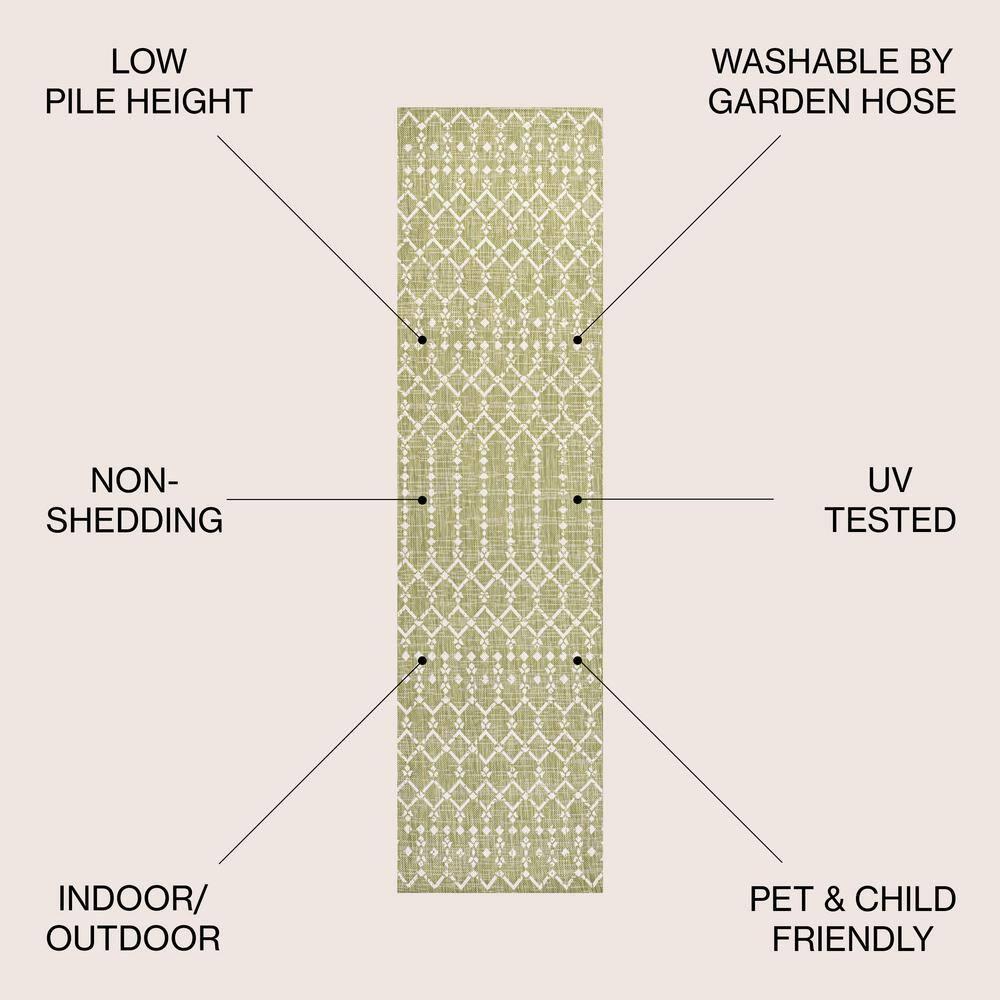 2' x 10' Ourika Moroccan Geometric Textured Weave Indoor/Outdoor Runner Rug, Light Green/Cream - JONATHAN Y