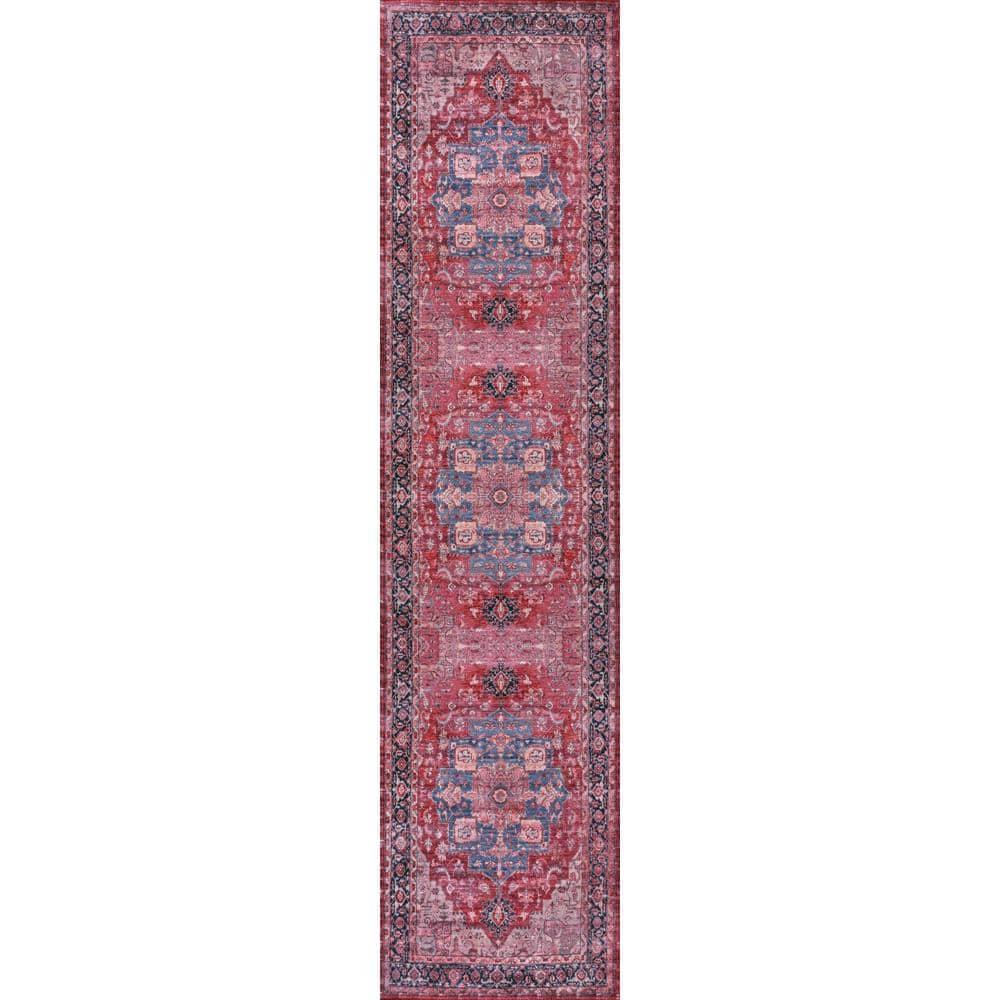 Maris Ornate Medallion Machine-Washable Red/Black/Blue 2 ft. x 8 ft. Runner Rug - JONATHAN Y