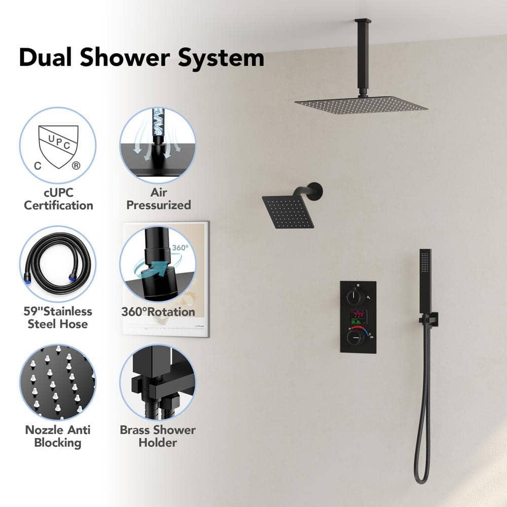 Pressure Balancing Shower Faucet 12" High-Pressure Dual Showerheads with LCD Display