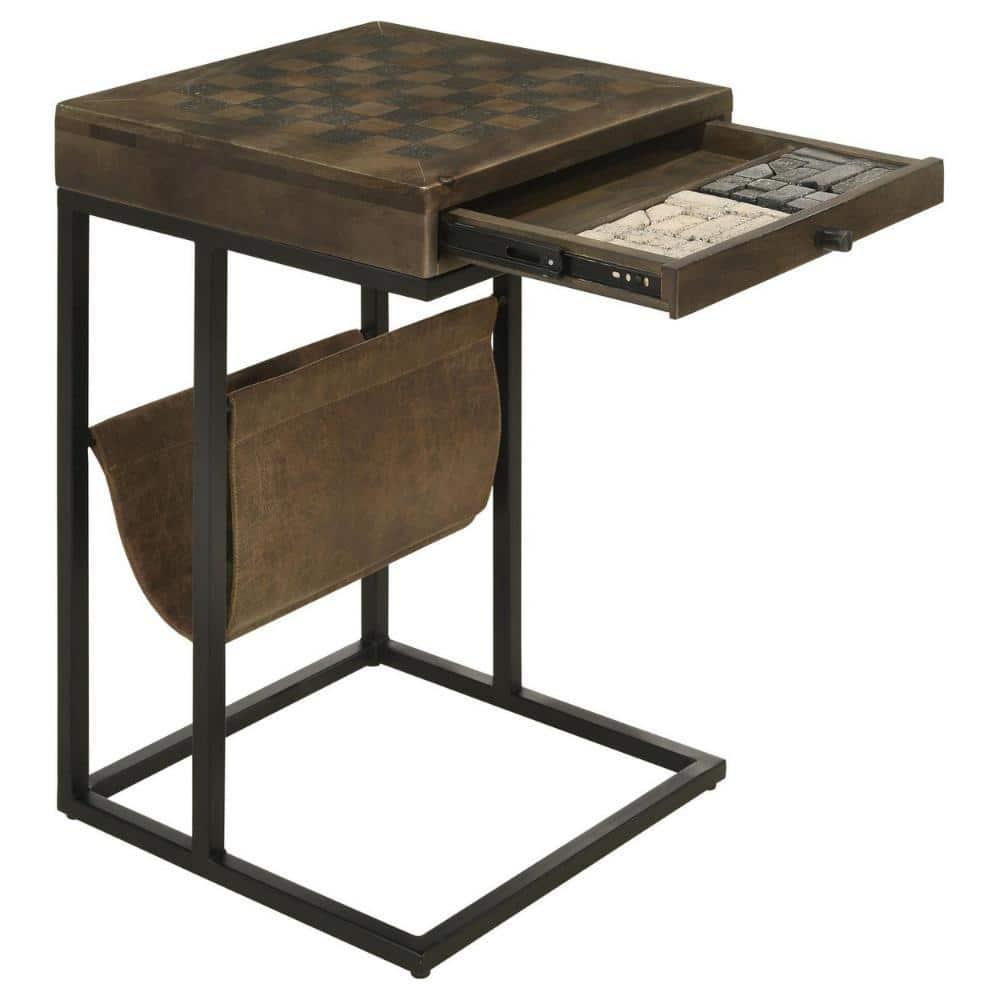 27 Inch Chess Side Table- Drawer- Magazine Holder- Tobbaco Brown Mango Wood